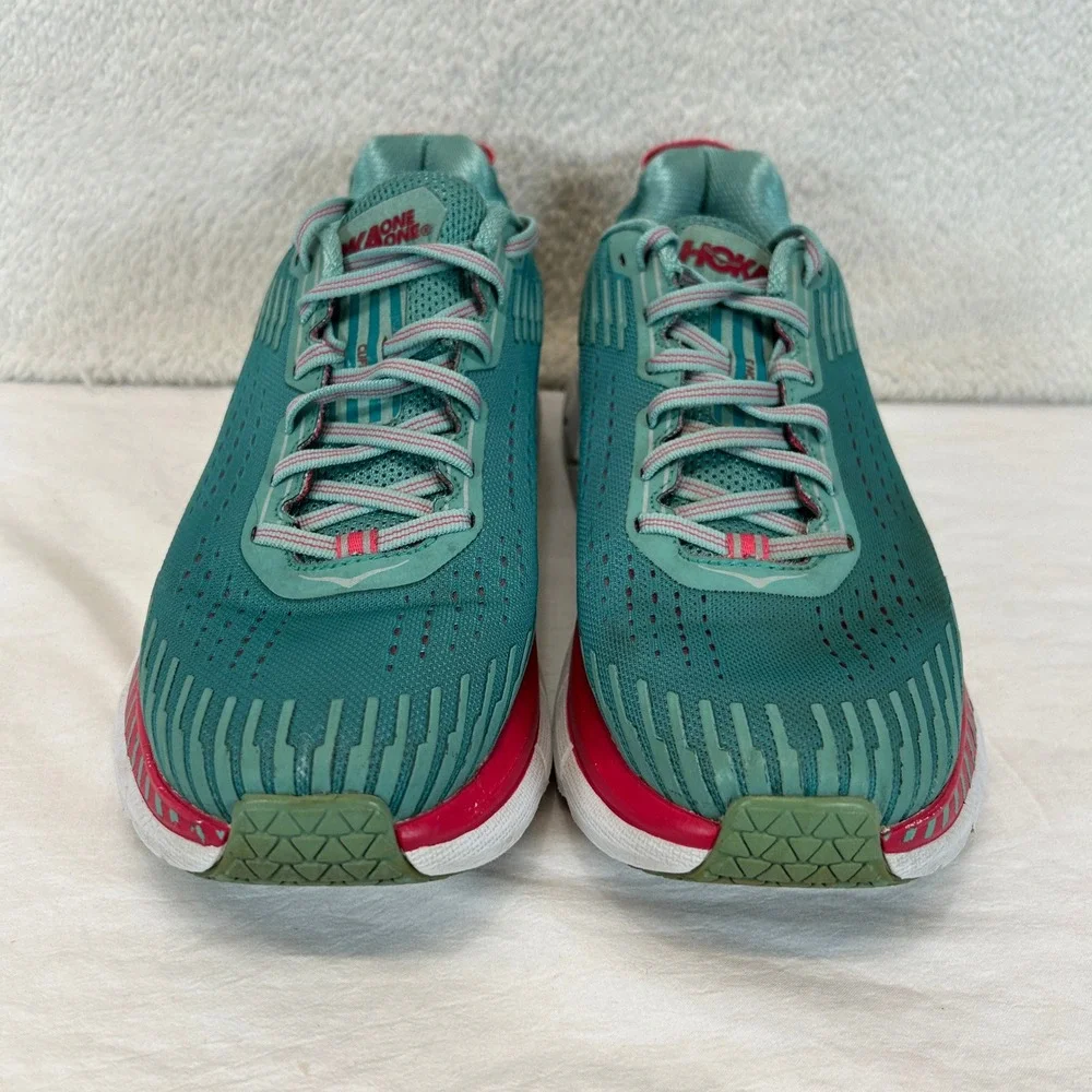 Hoka One One Clifton 5 Womens 9.5 Green Red Running Shoes 1093756 GSCN